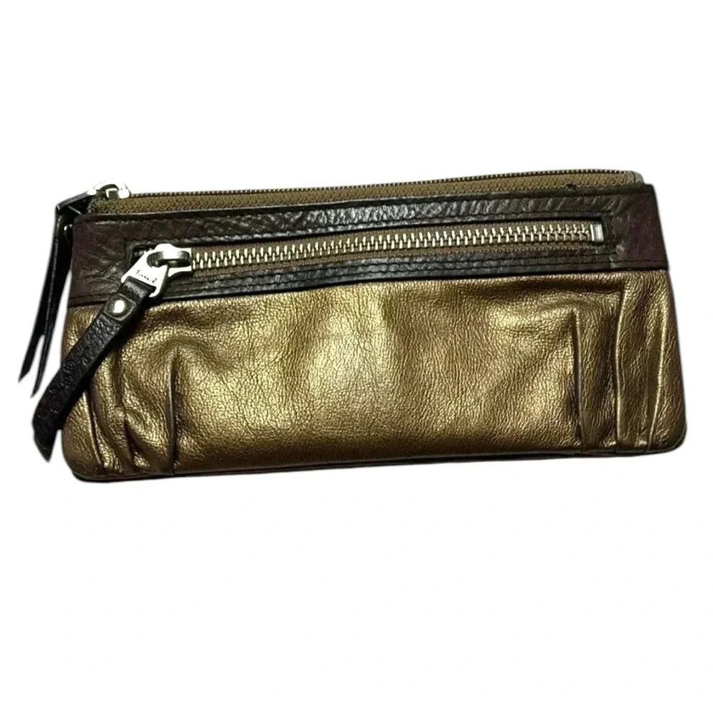 Fossil metallic bronze pleated leather zip wallet